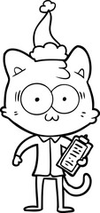 hand drawn line drawing of a surprised office worker cat wearing santa hat