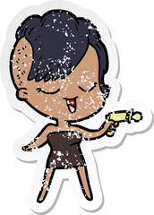 distressed sticker of a happy cartoon girl