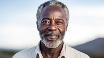 Elderly Afro-American man with a white shirt, portraying wisdom and calm, with a scenic mountainous background.