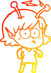 warm gradient line drawing of a cartoon alien girl