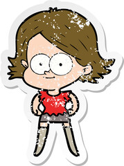 distressed sticker of a happy cartoon girl