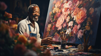 Elderly Afro-American artist joyfully painting a floral scene, with a palette in hand, in a vibrant studio setting.