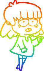 rainbow gradient line drawing of a cartoon tired woman