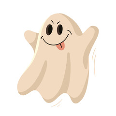 Cheerful ghost on a light isolated background. Funny ghost - a symbol of Halloween. Design element for the autumn holiday All Saints' Evening.