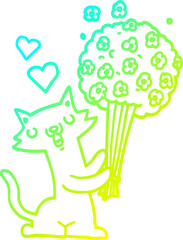 cold gradient line drawing of a cartoon cat in love with flowers