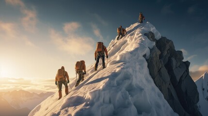 Summit Conquest: Climbing Team's Thrilling Ascent to Inspiring Peak

 - obrazy, fototapety, plakaty