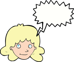 cartoon happy female face with speech bubble