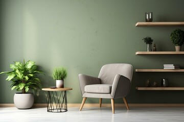 Modern interior: inviting sage green living space with trendy accents like monochrome wall, table, plants, and chair. Generative AI