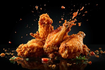 Freeze motion of flying golden brown crispy fried chicken on black background Levitating food