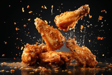 Freeze motion of flying golden brown crispy fried chicken on black background Levitating food - obrazy, fototapety, plakaty
