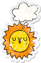 cartoon sun with thought bubble as a distressed worn sticker