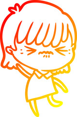 warm gradient line drawing of a annoyed cartoon girl