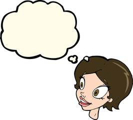 cartoon pretty female face with thought bubble