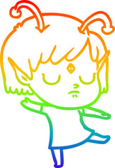 rainbow gradient line drawing of a cartoon alien girl