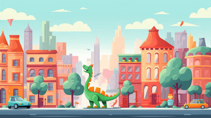 The baby dinosaur explores the cityscape, causing chaos and confusion a the bewildered human citizens.