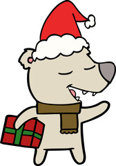 hand drawn line drawing of a bear with present wearing santa hat