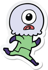 sticker of a cartoon cyclops alien spaceman running