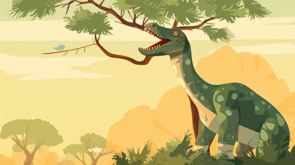 A dinosaur using its long neck to reach leaves at the top of a tree, munching contentedly.
