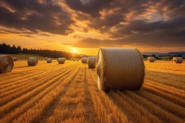 Golden field with hay bales captured during sunrise or sunset. Generative AI - obrazy, fototapety, plakaty