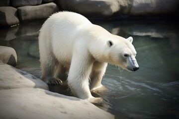 White bear on ice with detailed fur and snout, under bright daylight with vibrant ice colors. Generative AI