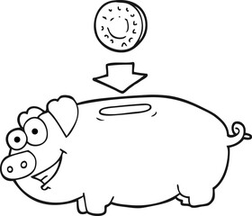 freehand drawn black and white cartoon piggy bank