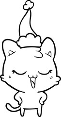 happy hand drawn line drawing of a cat wearing santa hat