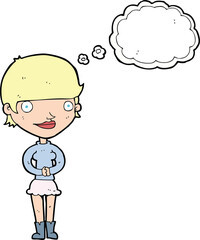 cartoon friendly woman with thought bubble