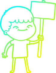 cold gradient line drawing of a cartoon smiling boy with placard
