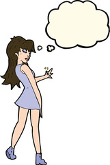 cartoon woman posing in dress with thought bubble