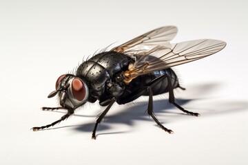 Close-up view of a solitary black fly on a plain backdrop. Generative AI