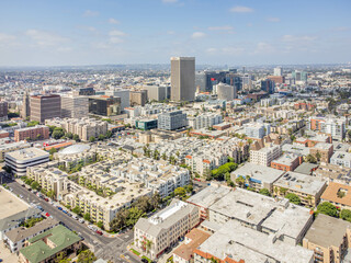 Los Angeles, California – June 3, 2023: aerial drone view toward LA Koreatown with Wilshire Blvd...
