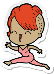 sticker of a cartoon happy hipster girl