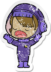 Fototapeta premium distressed sticker of a cartoon astronaut girl talking