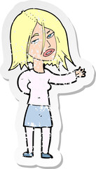 retro distressed sticker of a cartoon unhappy woman