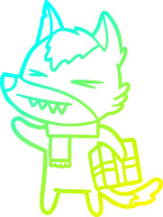 cold gradient line drawing of a angry christmas wolf cartoon