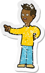 retro distressed sticker of a cartoon shocked boy pointing
