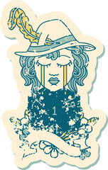 Retro Tattoo Style crying human bard with natural 1 D20 roll