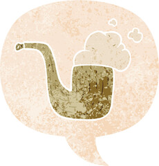 cartoon pipe with speech bubble in grunge distressed retro textured style