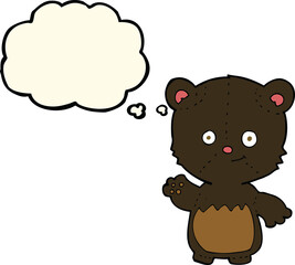 cartoon little black bear waving with thought bubble