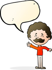 cartoon man with mustache waving with speech bubble