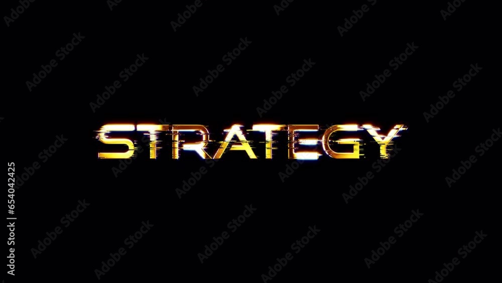 Poster strategy gold text with glitch effect shine loop title on black background. romote advertising conce