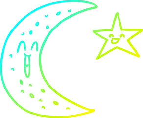 cold gradient line drawing of a happy cartoon moon and star