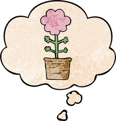 cute cartoon flower with thought bubble in grunge texture style