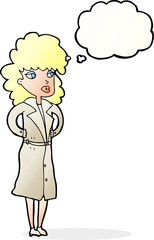 cartoon woman in trench coat with thought bubble