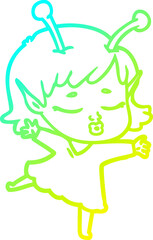 cold gradient line drawing of a cute alien girl cartoon