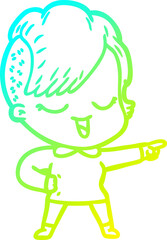 cold gradient line drawing of a happy cartoon girl pointing