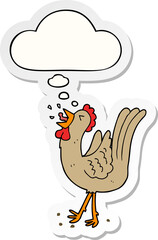 cartoon crowing cockerel with thought bubble as a printed sticker