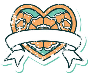 iconic distressed sticker tattoo style image of a heart and banner with flowers