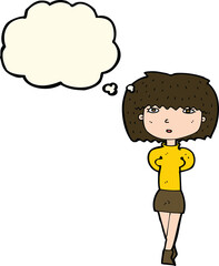 cartoon shy woman with thought bubble