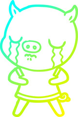 cold gradient line drawing of a cartoon pig crying